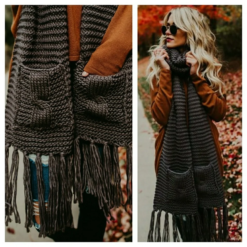 Cozy Knit Fringe Scarf - Dark Gray - Picture 1 of 3